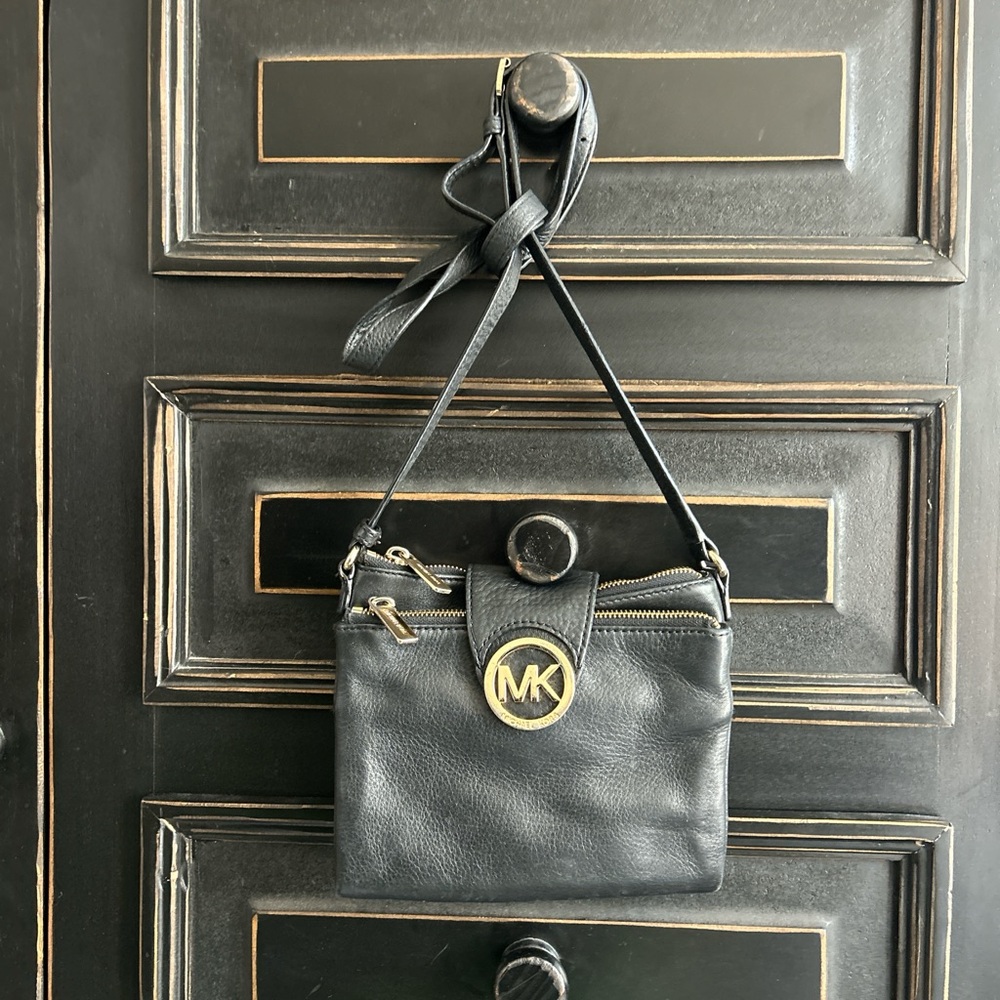 Michael Kors Black Leather Crossbody with Gold MK Emblem